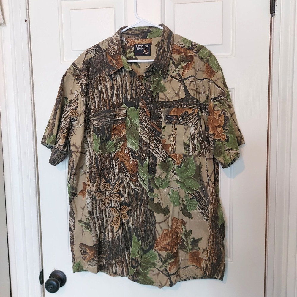 Vintage Rattlers Brand Mens XL RealTree Camo Shirt Short Sleeve Button Up USA